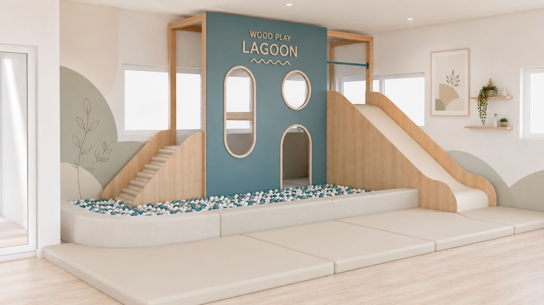 Woodplay Lagoon — módulo de cabaña con tobogán y piscina de bolas