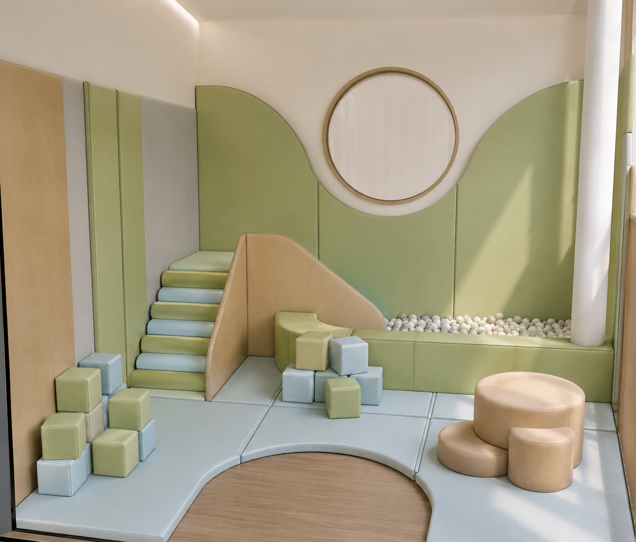 Estructura modular Woodplay para escuela infantil, ambiente sensorial tipo Snoezelen